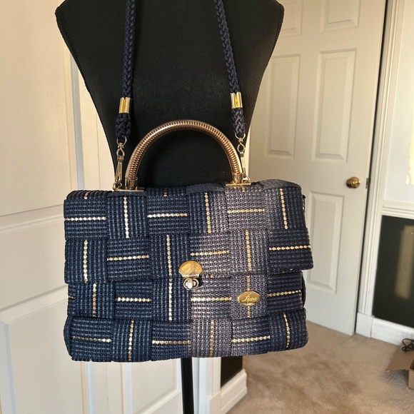 Fiona Navy and Gold Woven Straw Purse - Picture 2 of 8
